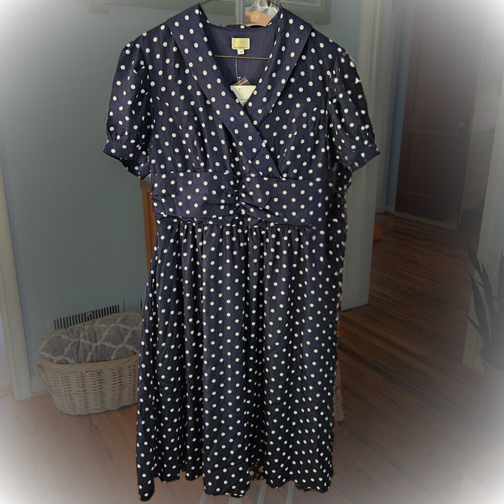 NWT Jen Clothing Navy Blue White Polka Dot Midi Dress Women M